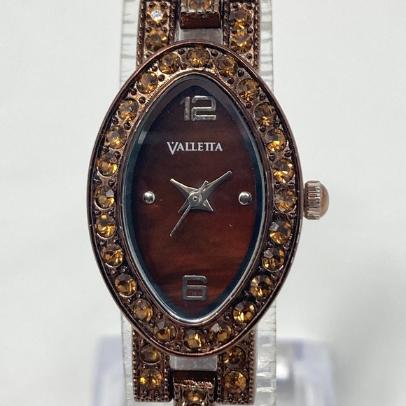 Valletta Watch Women Brown Metallic Orange Crystals Autumn Oval New Battery 6.5" - Picture 3 of 16